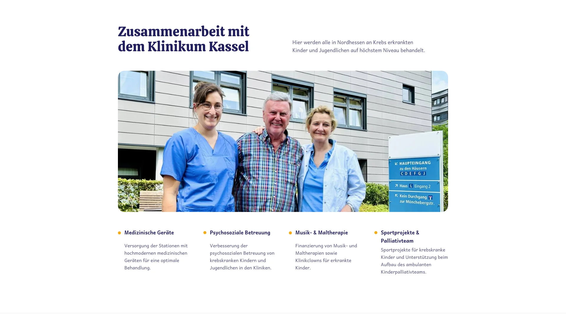 holzhauer-stiftung.de: Abschnitt „Zusammenarbeit mit dem Klinikum Kassel“ mit Foto des Teams und den vier Förderbereichen