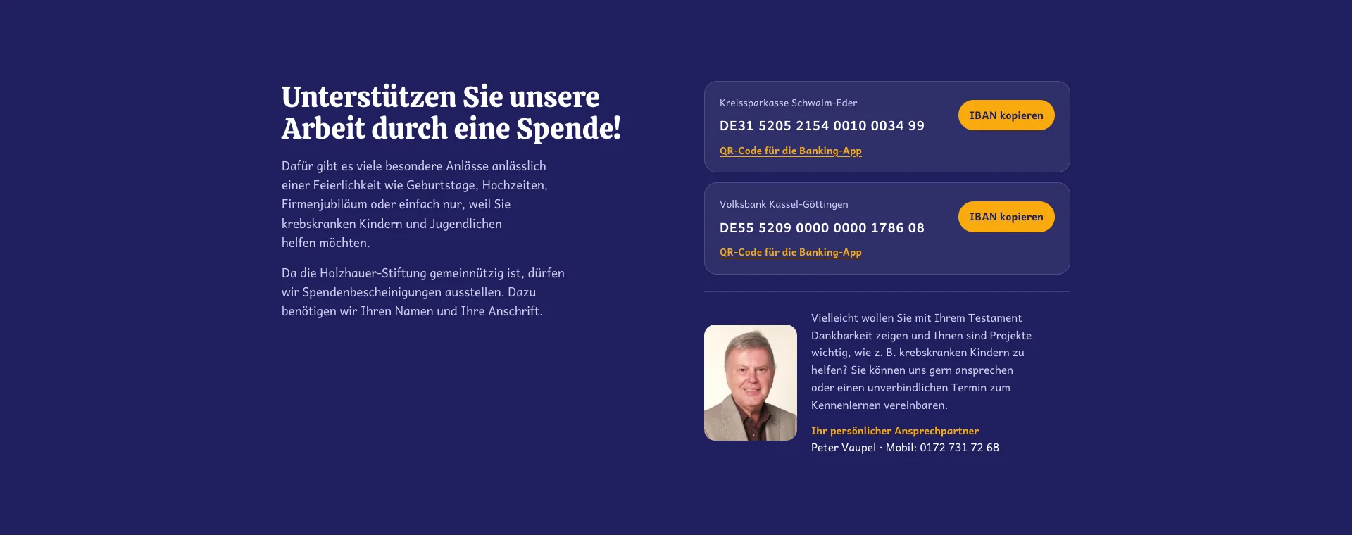holzhauer-stiftung.de: Spendenbereich mit zwei Spendenkonten, Knopf „IBAN kopieren“ und QR-Code für die Banking-App